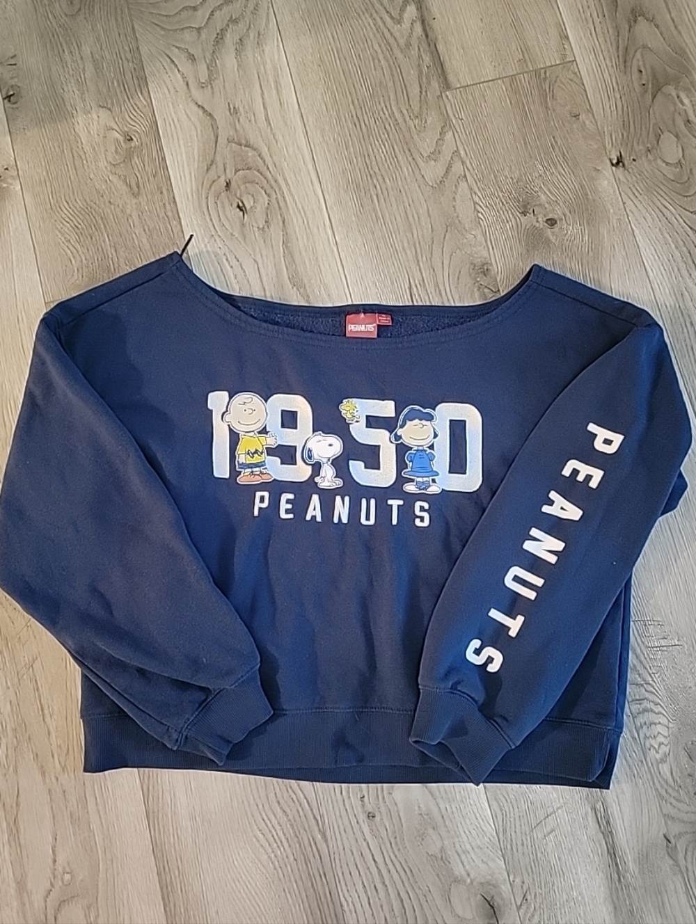 Peanuts Sweatshirt Womens XL Blue Crop Embroidered Snoopy Charlie Brown Casual